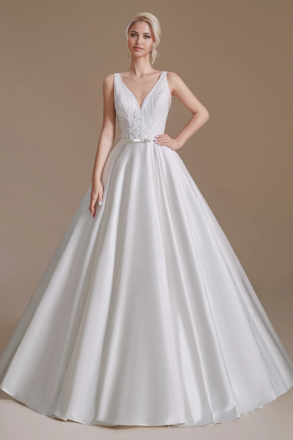Vestidos de novia elegantes de corte A sin mangas con escote en V y largo hasta el suelo